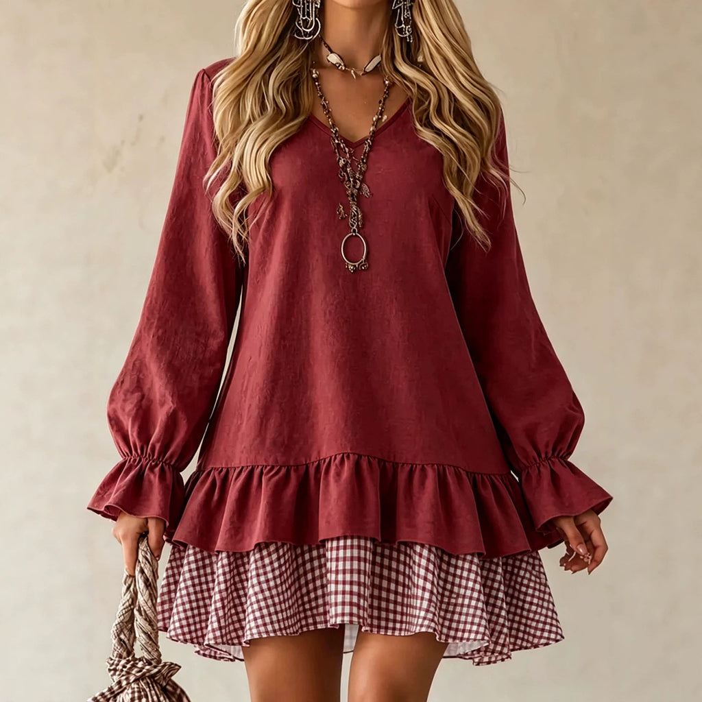 Plaid Patchwork Mini Dress W/ Ruffle Sleeve