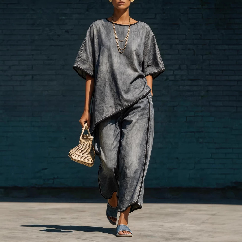 Denim-Style Knit Top & Wide-Leg Pants Set