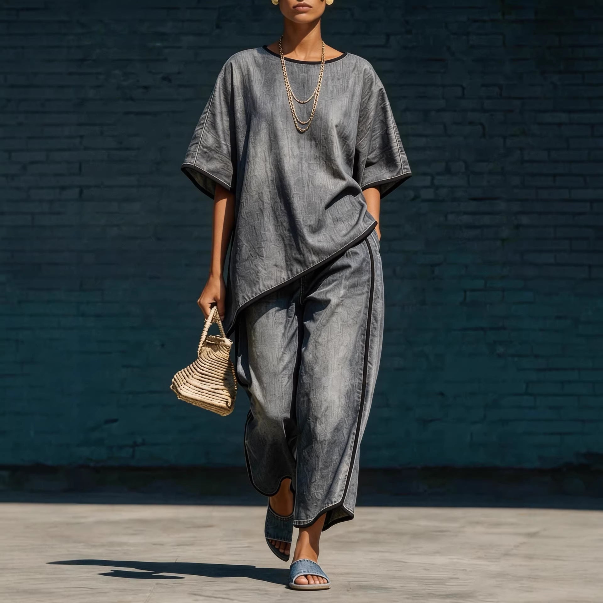 Denim-Style Knit Top & Wide-Leg Pants Set
