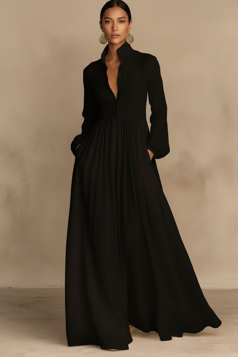 Chiffon French Style Long Sleeve Pleated A-Line Maxi Dress