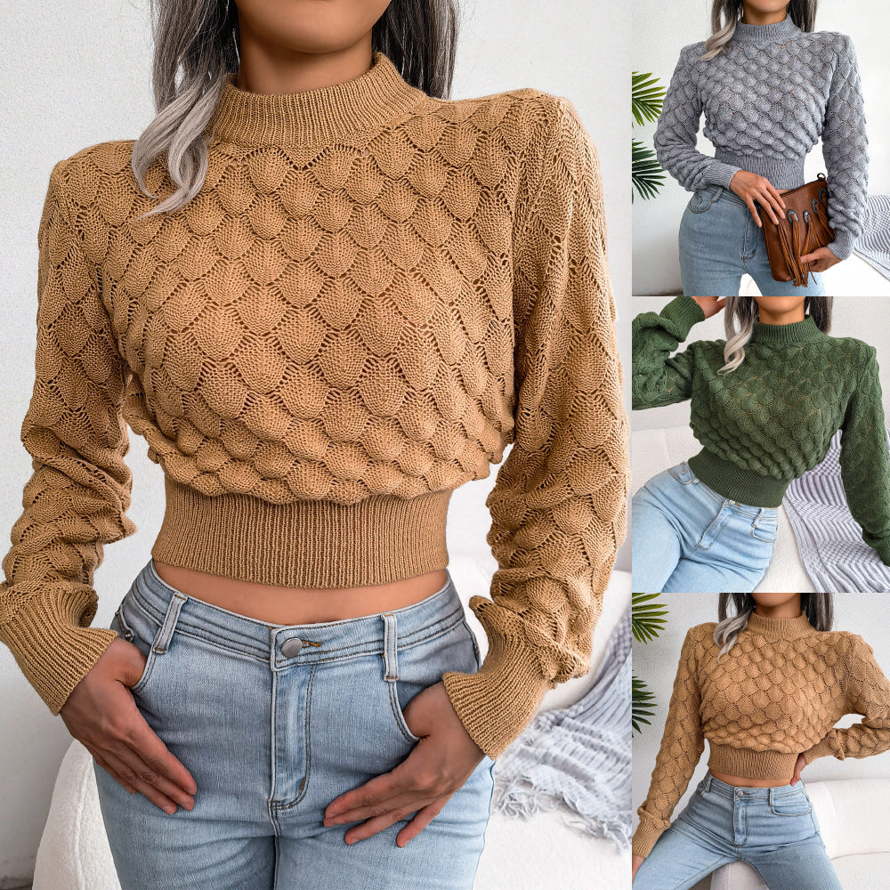 3D Diamond Long Sleeve Cropped Knit Sweater