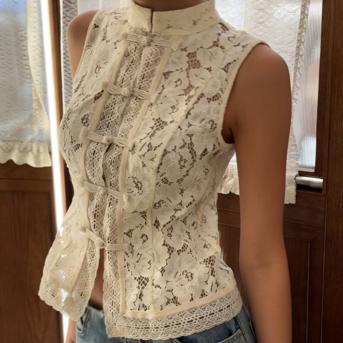 Vintage Lace Crochet Slim-Fit Top