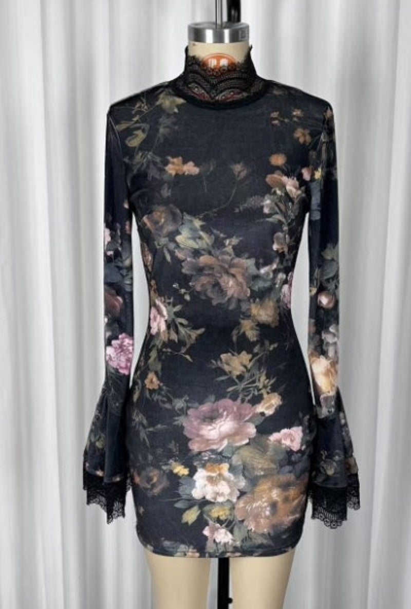 Vintage Floral Print Lace Mini Dress