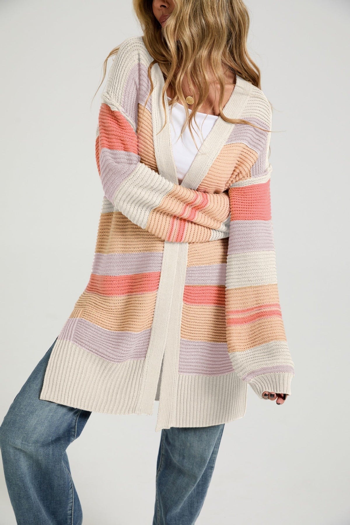 Color-Block Striped Knit Cardigan