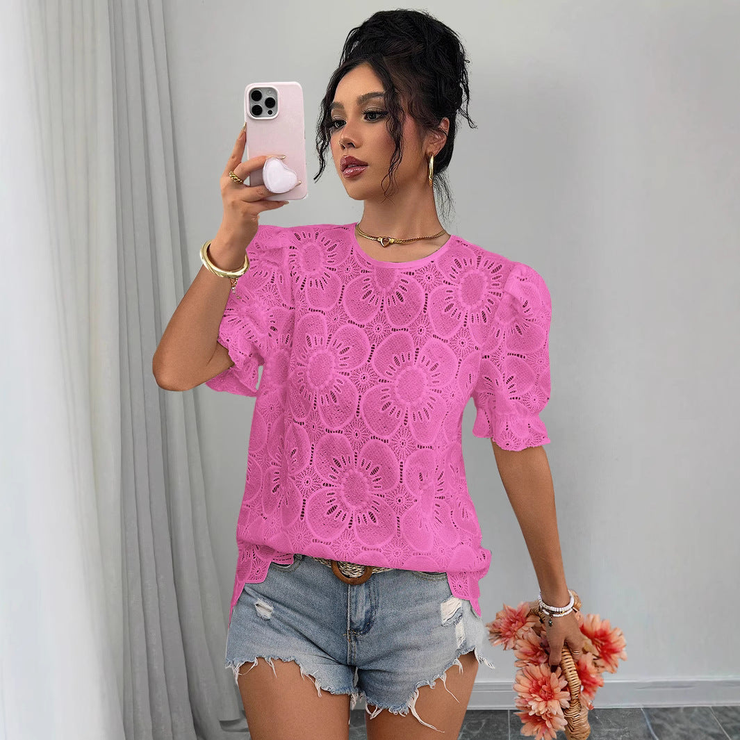 Lace Puff Sleeve Shirt Top – Loose Fit