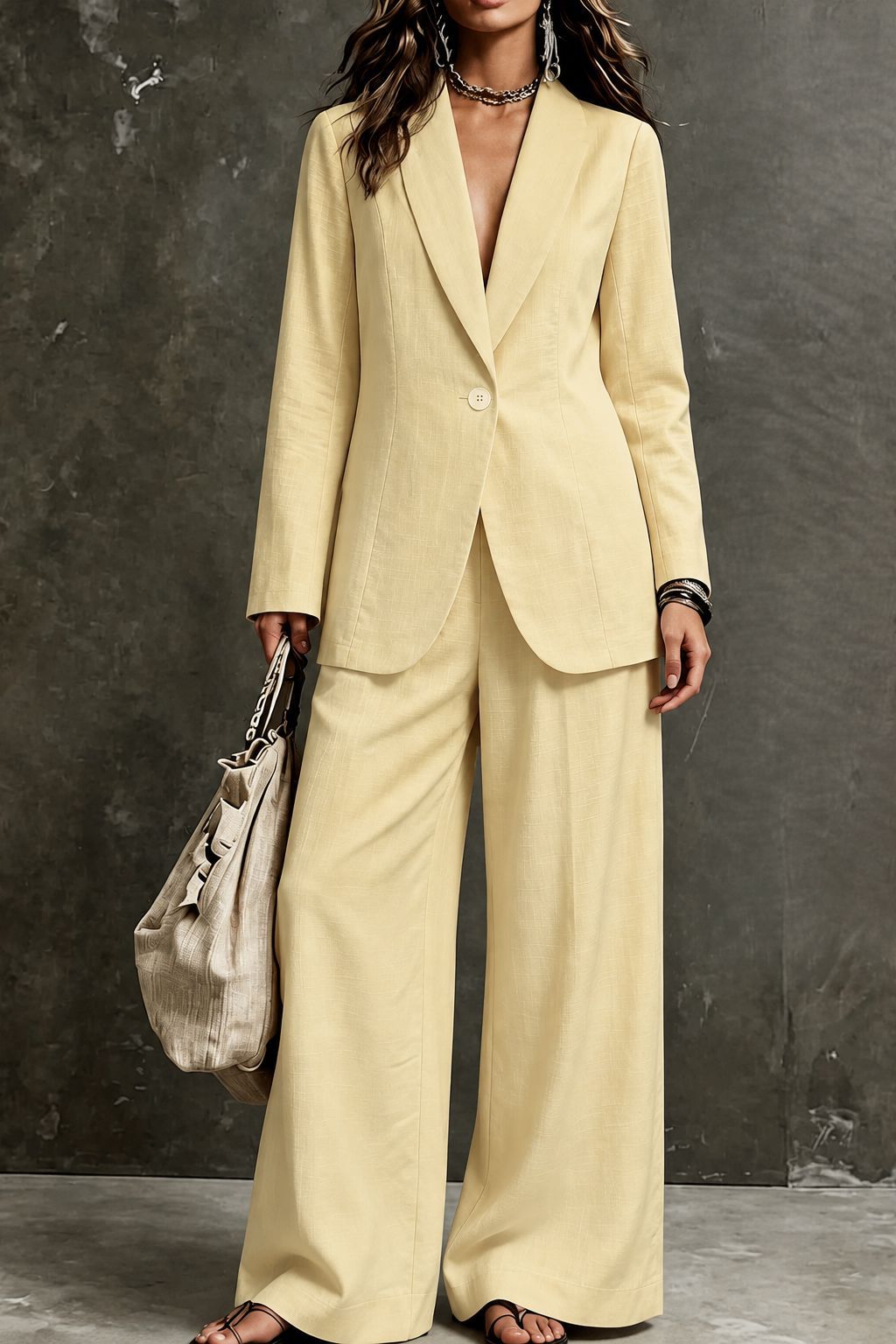 Women's Linen-Look Single-Button Blazer & Wide-Leg Trouser Suit Set