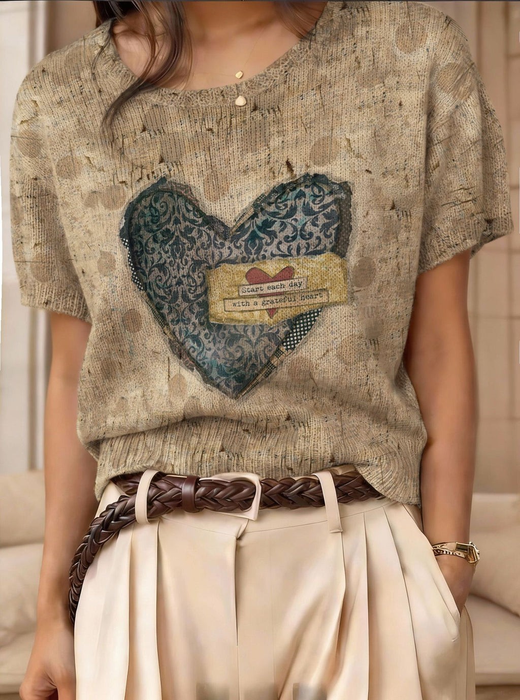 Retro Short-Sleeve Jacquard Knit Top