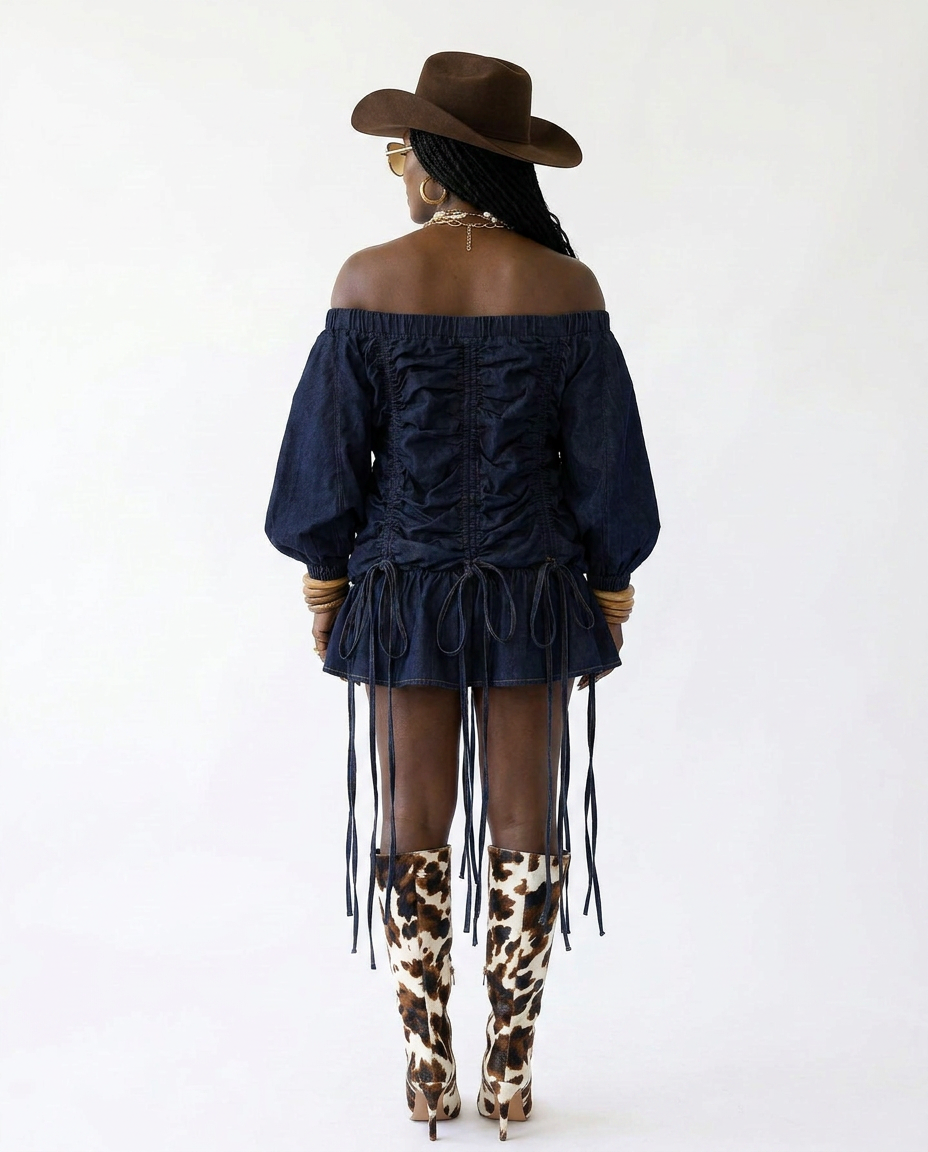 Brave Ruched Denim Mini Dress