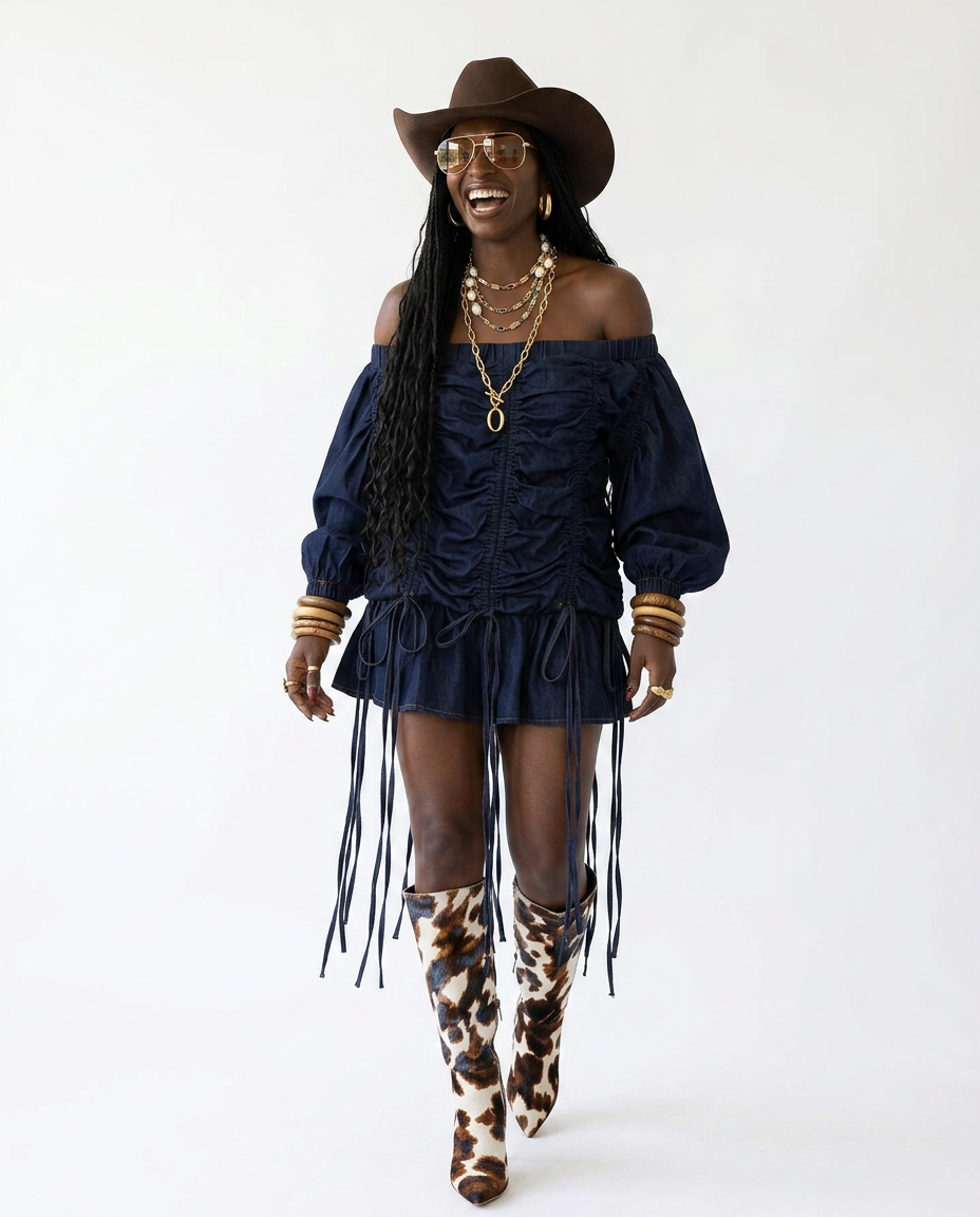 Brave Ruched Denim Mini Dress