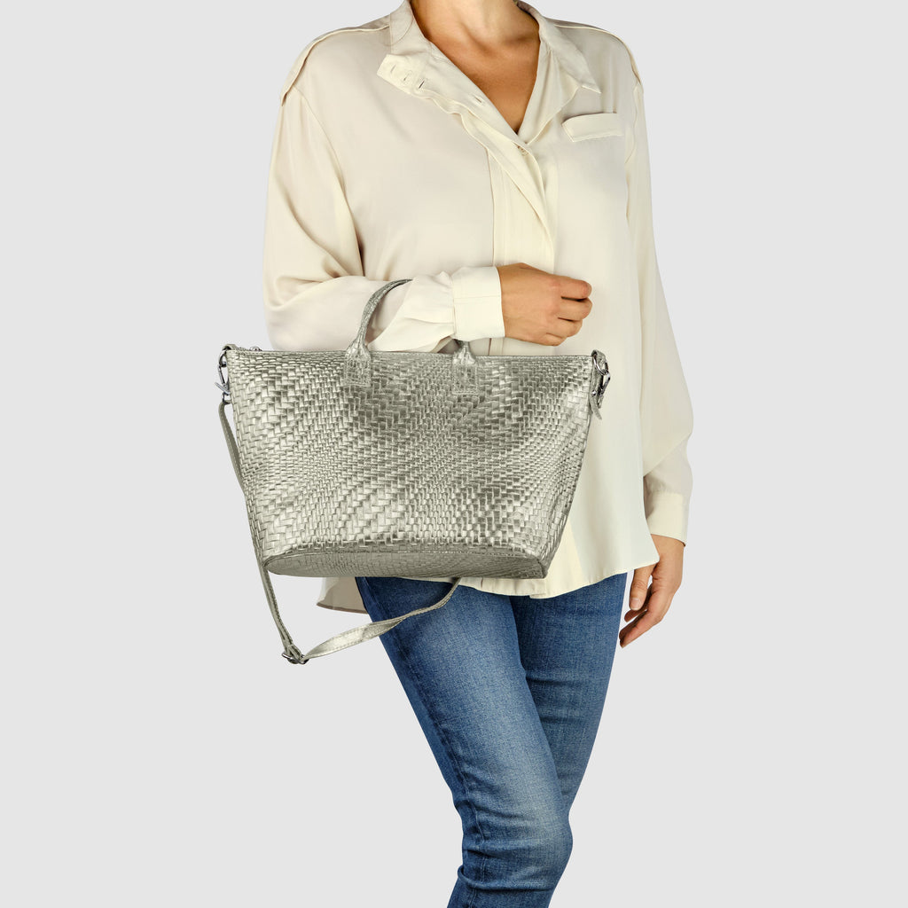 Embossed Metallic Suede Top Bag