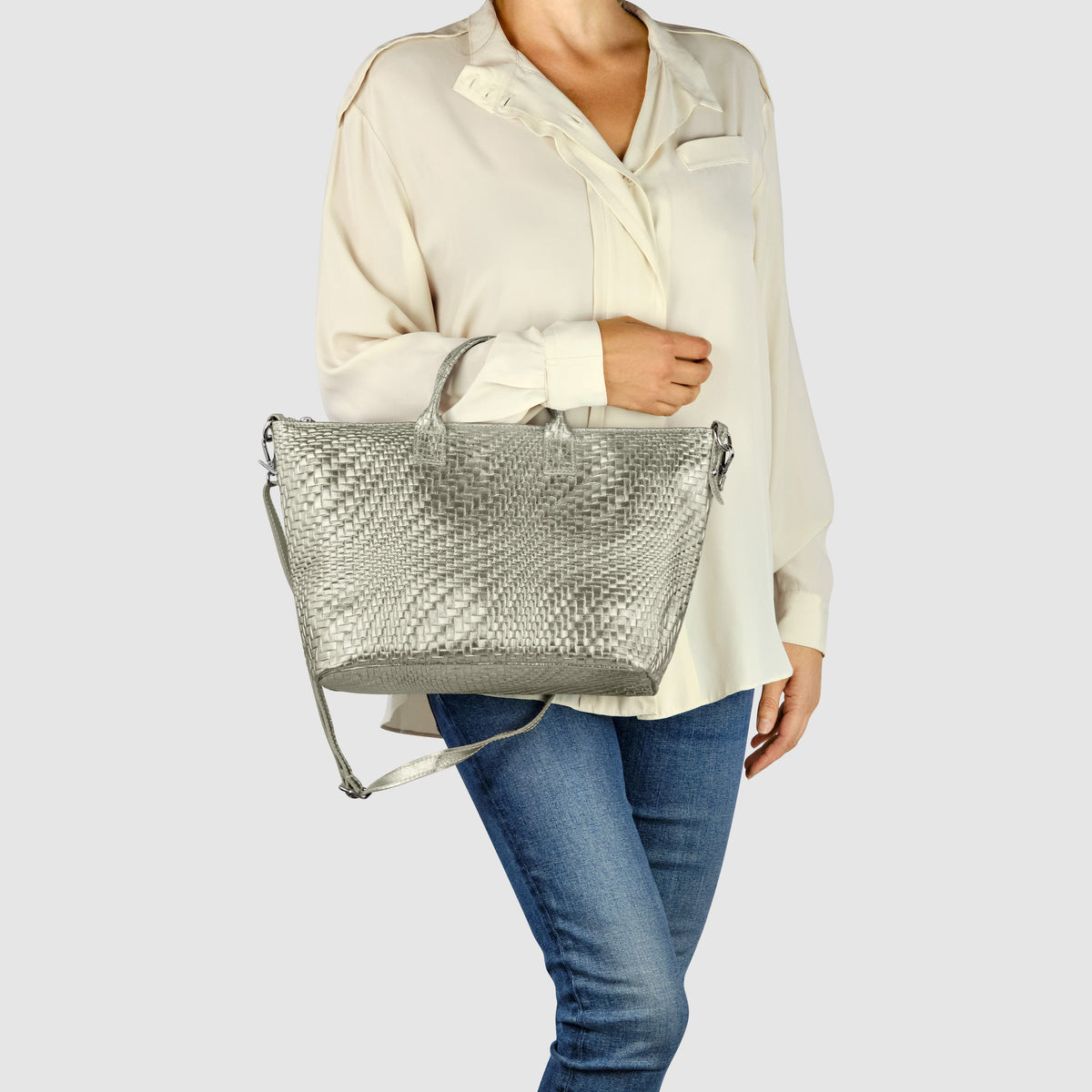 Embossed Metallic Suede Top Bag