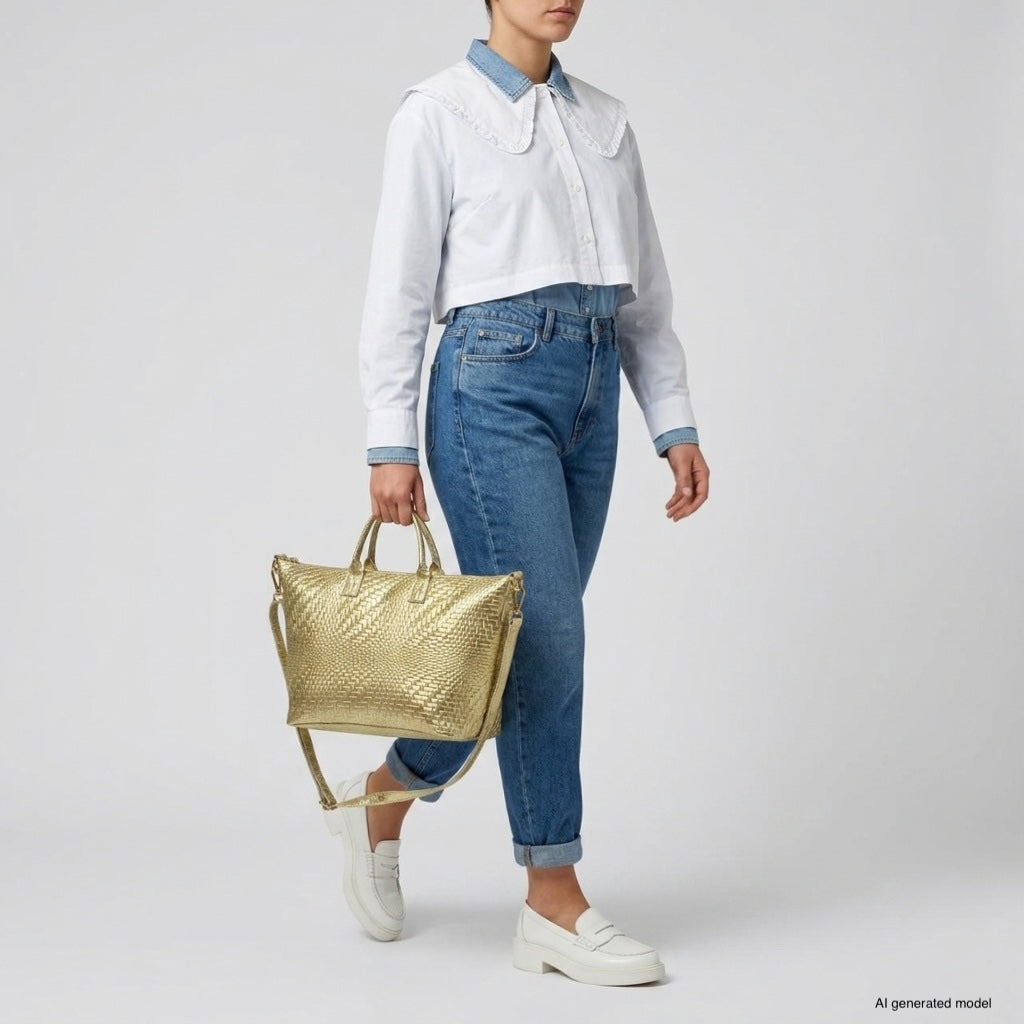 Embossed Metallic Suede Top Bag